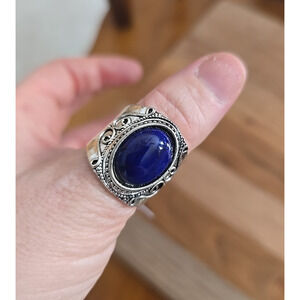 Vtg Silver Tone‎ Big Blue Oval Gemstone Statement Artisan Ring Jewelry Size 11